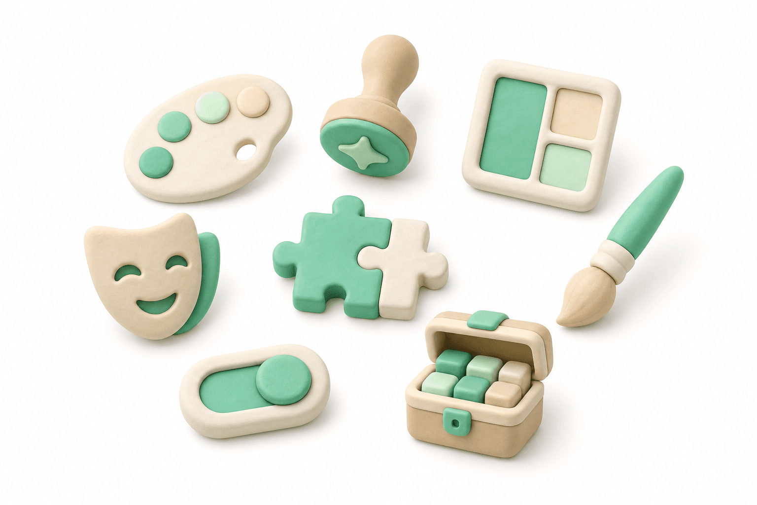 Anpassungs-Werkzeuge: Farbpalette, Logo-Stempel, Layout-Raster, Pinsel, Charakter-Maske, Puzzle-Feature, Toggle-Switch und Addon-Koffer