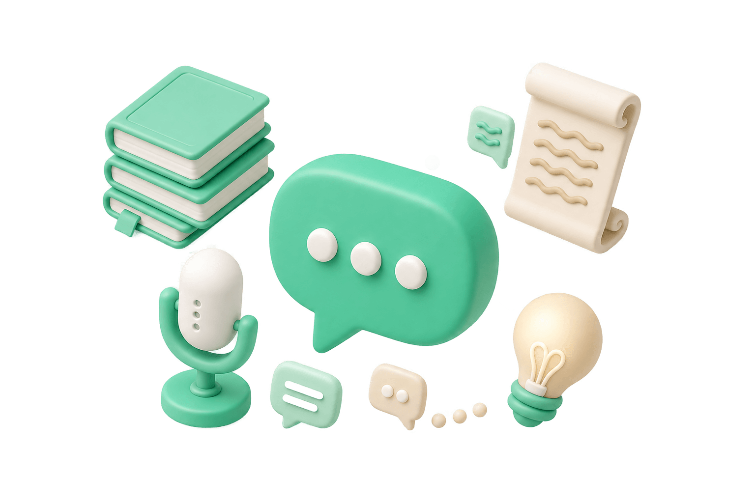 Visualisierung eines Sprach-Bots: Sprechblase, Bücher, Mikrofon und Glühbirne als Symbole für Wissen und Konversation.